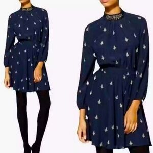 NWOT Juicy Couture Regal Navy Diamante Mock Jeweled Neck Silk Dress Size 6